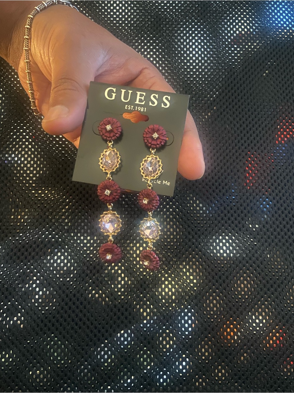 GUESS Gold-Tone Earrings with Burgundy Floral Accents and Clear Crystals